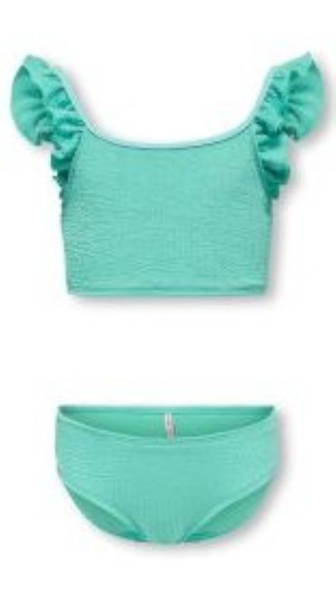 Pink and green girls' two-piece bikini set, structured swimwear for kids