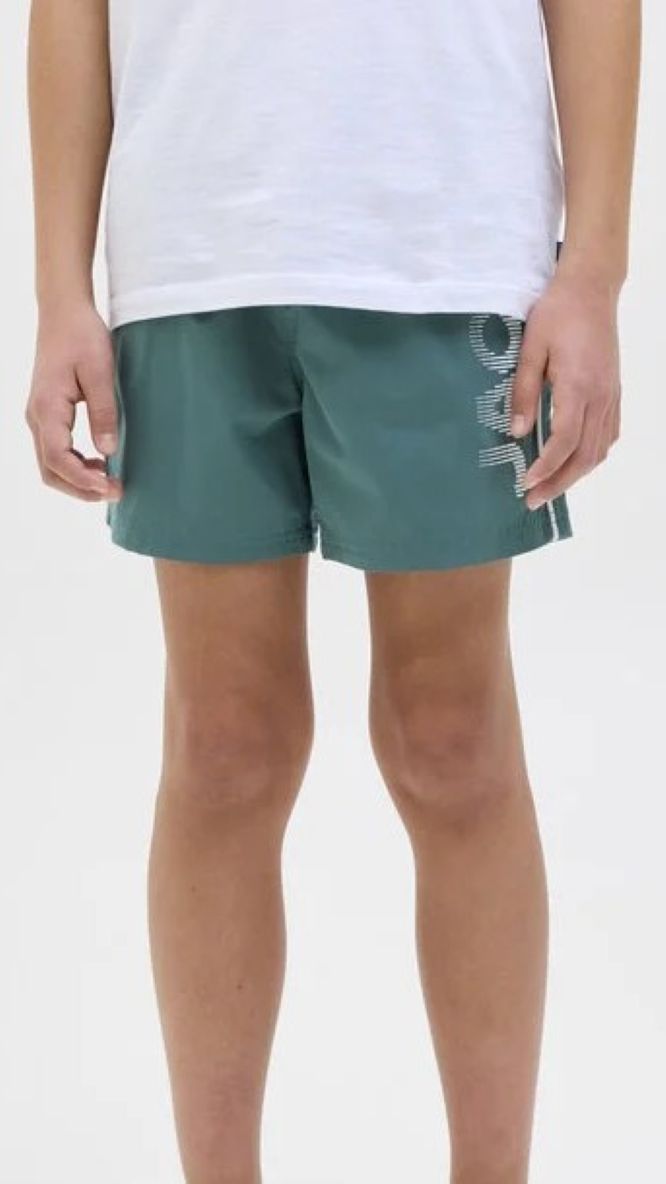 Green boys' quick-dry swim shorts, recycled swimwear for juniors