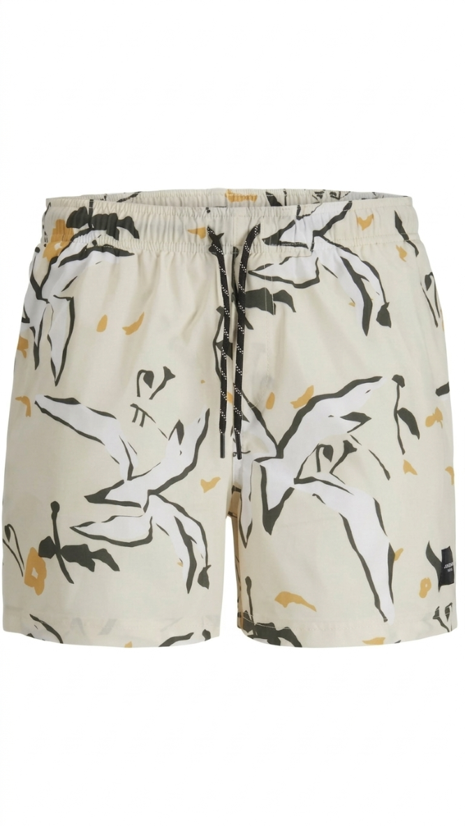 Blue and beige boys' quick-dry swim shorts, recycled swimwear for juniors