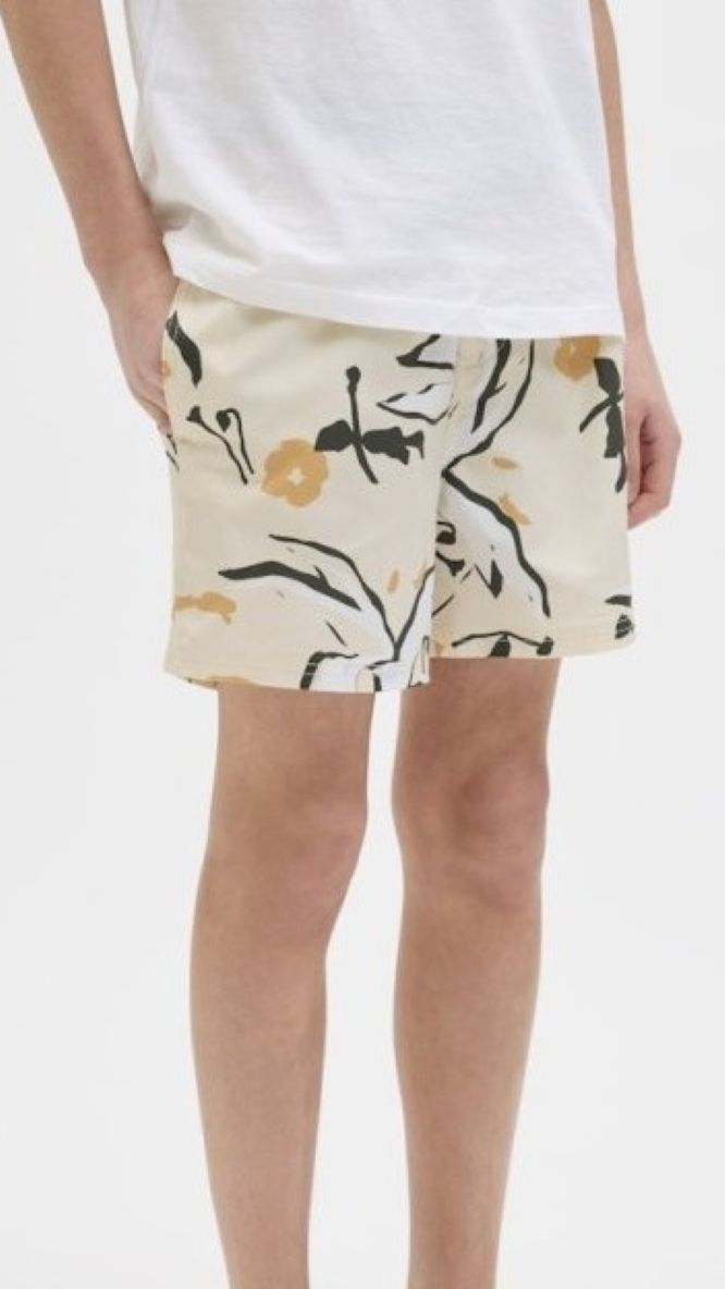 Blue and beige boys' quick-dry swim shorts, recycled swimwear for juniors