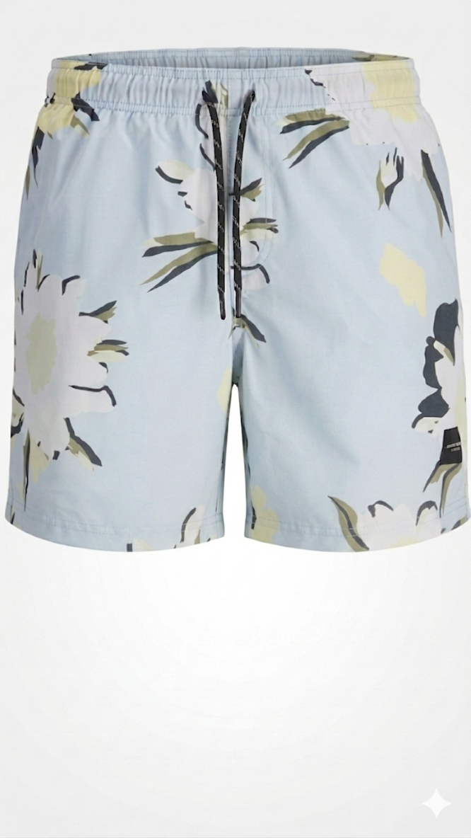 Blue and beige boys' quick-dry swim shorts, recycled swimwear for juniors