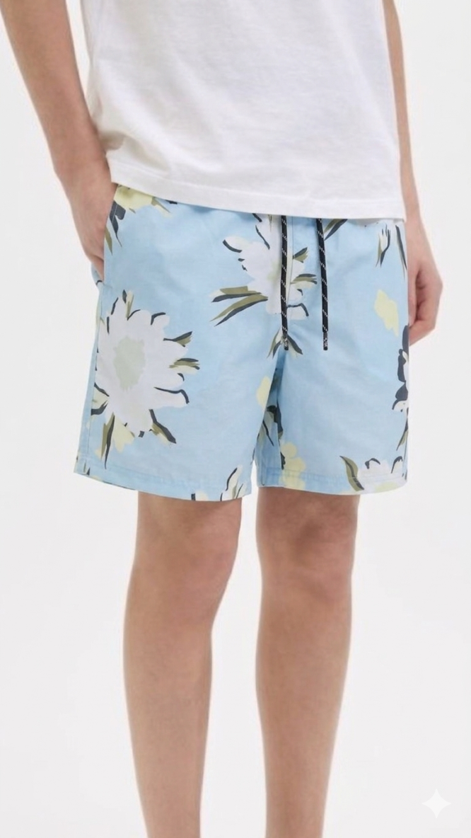 Blue and beige boys' quick-dry swim shorts, recycled swimwear for juniors
