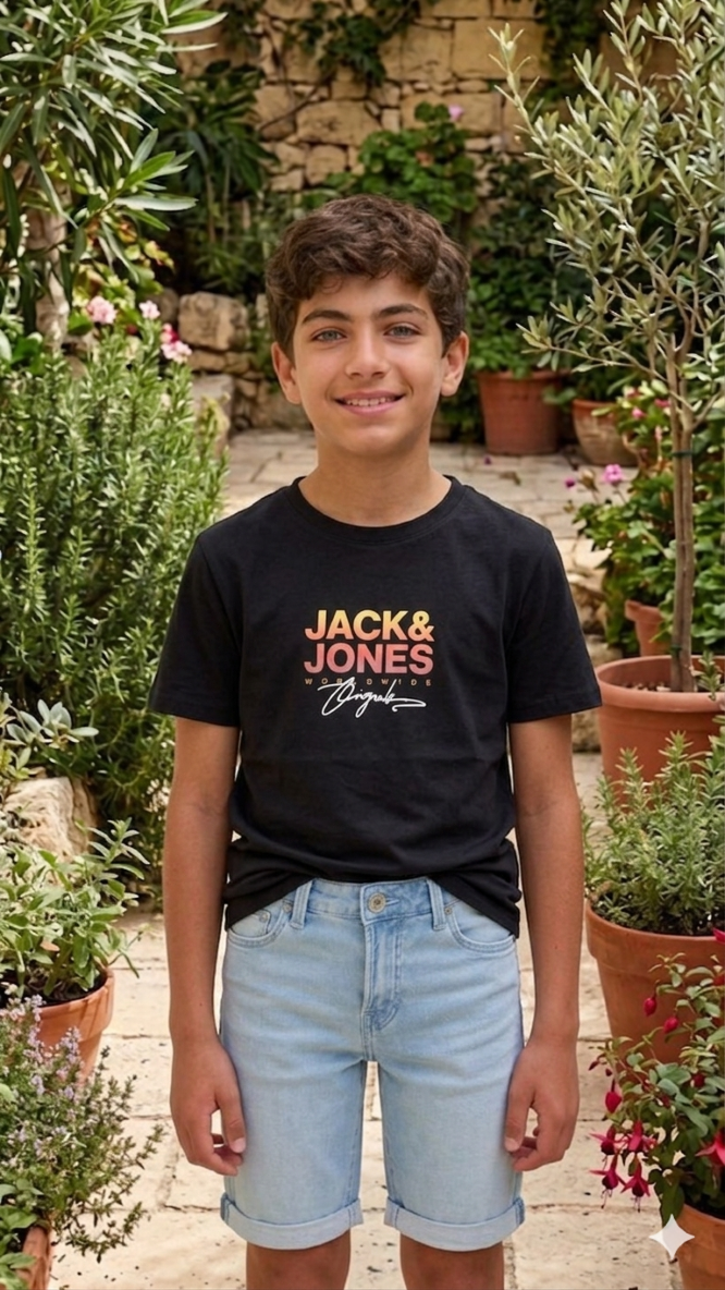 White, black or orange boys' cotton crew neck tee with rubber print