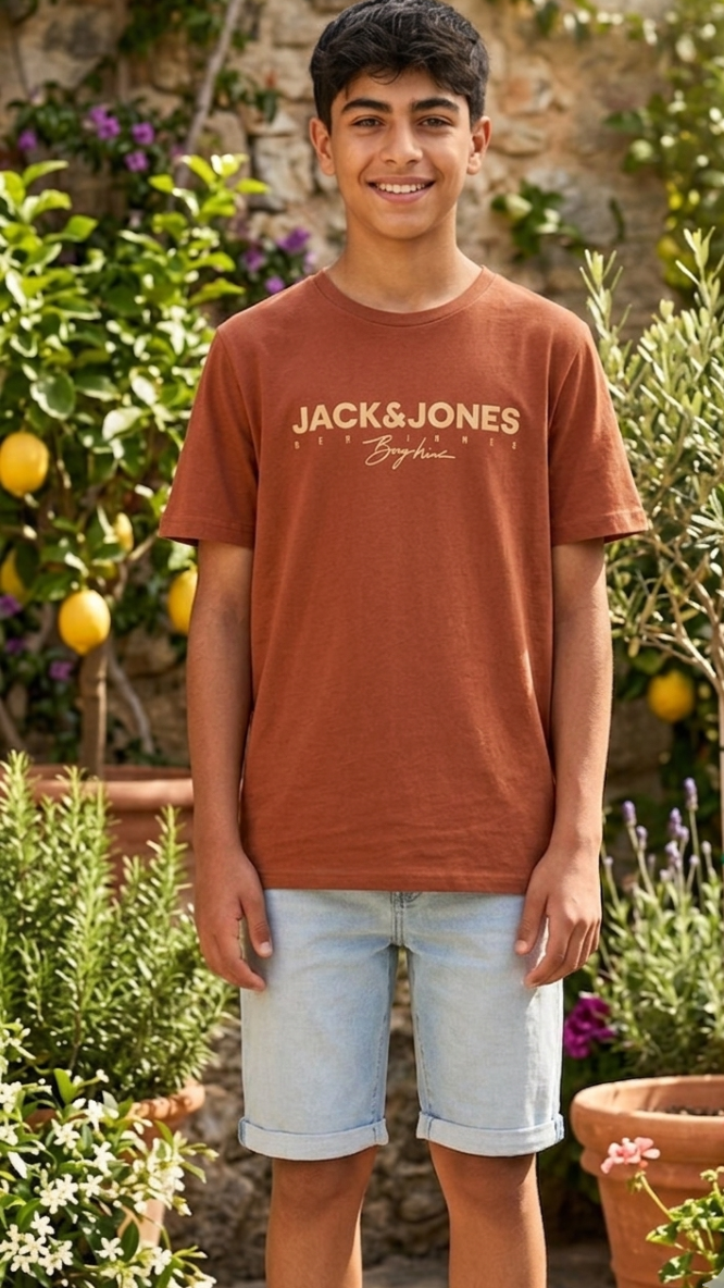 White, black or orange boys' cotton crew neck tee with rubber print