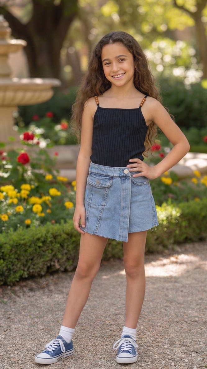 Light blue denim button-front skort for girls, junior fit cotton blend