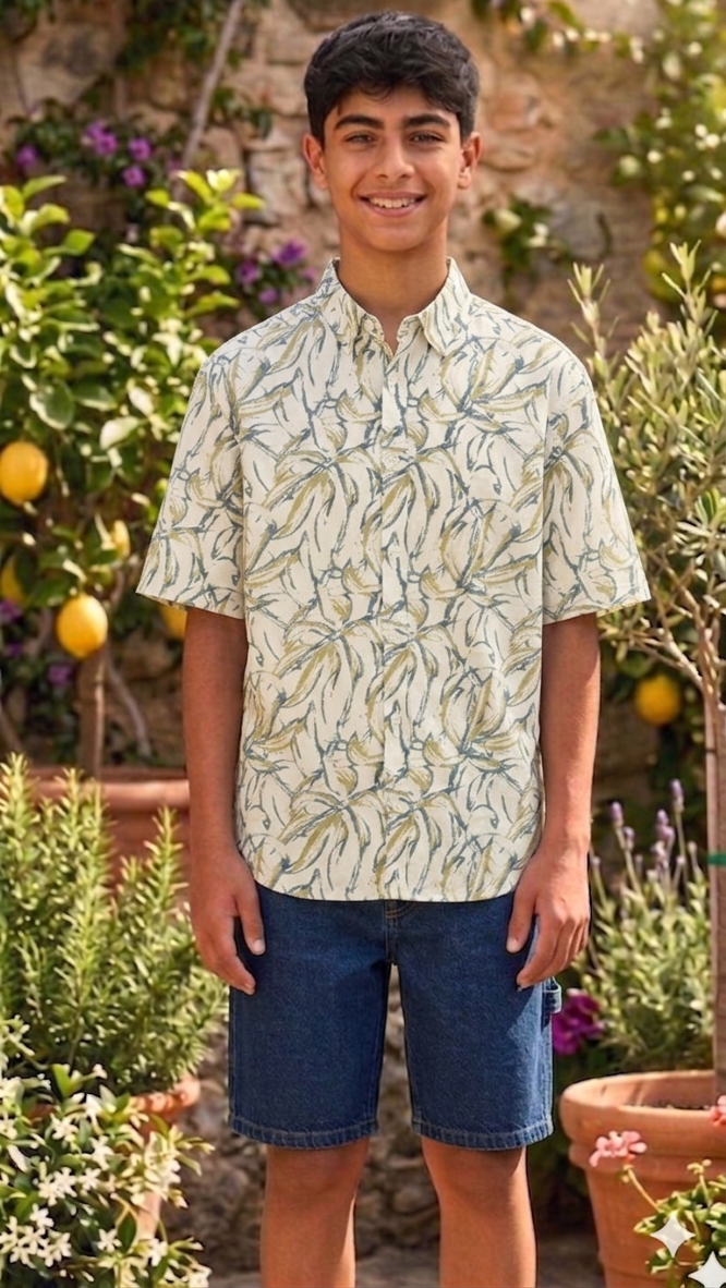 Teen wearing a patterned light green shirt and shorts 
