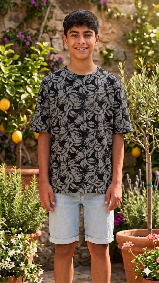 Kids’ summer outfit with black leaf‑print T‑shirt and light blue denim short
