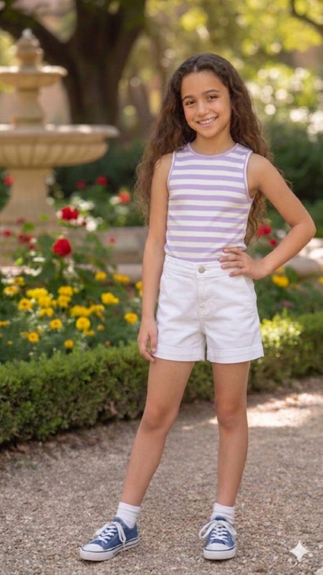 White girls’ denim‑style shorts with front button closure, belt loops, and pockets