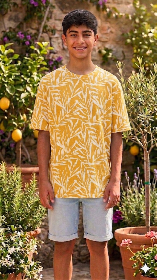 Kids’ summer outfit with yellow leaf‑print T‑shirt and light blue denim shorts,