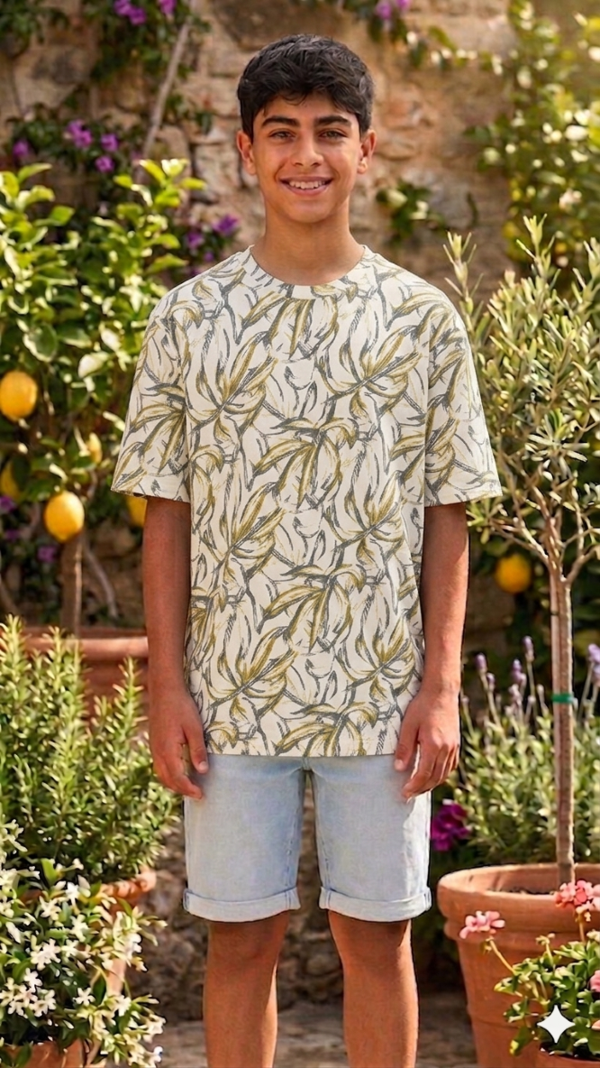 Kids’ summer outfit with leaf‑print T‑shirt and light blue denim shorts