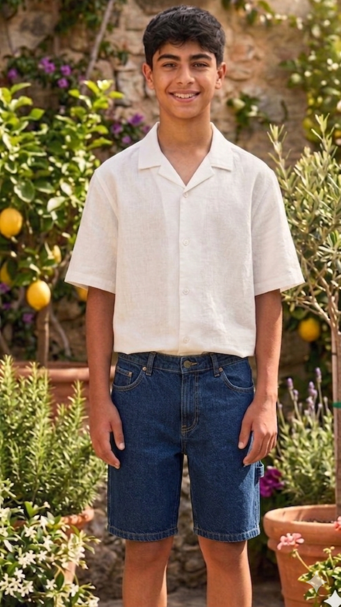 Kids’ summer outfit with light short‑sleeve shirt and denim shorts