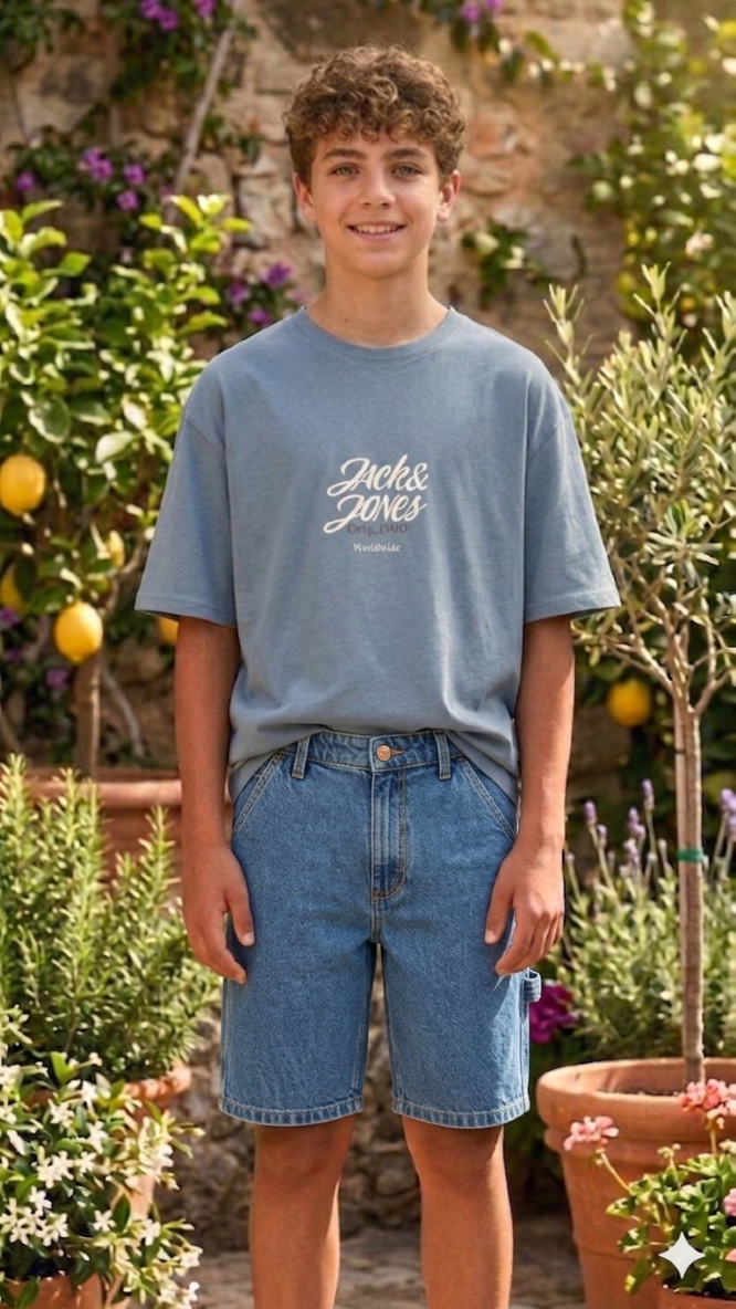 Kids’ casual summer outfit with light blue graphic T‑shirt and denim shorts