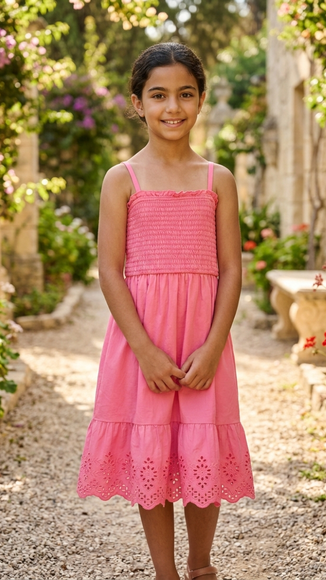 Kids Only Girls' Smocked Bodice Dress – Spaghetti Strap Broderie Anglaise Hem Summer Dress