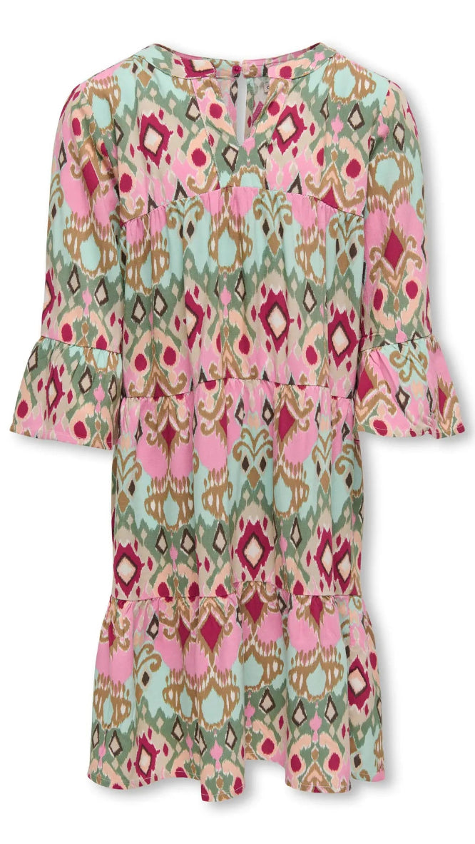 Kids Only Girls' Ikat Print Tiered Smock Dress – 3/4 Ruffle Sleeve V-Neck Boho Midi Dress