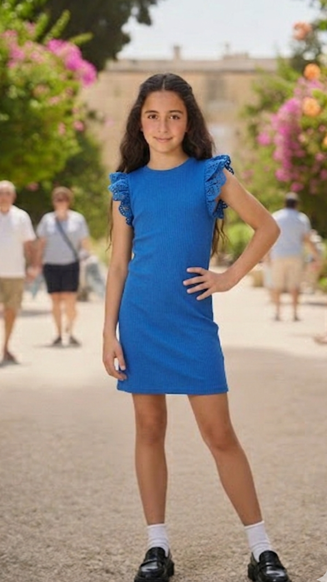 Kids Only Girls' KOGDREA Ribbed Mini Dress – Broderie Anglaise Frill Sleeves