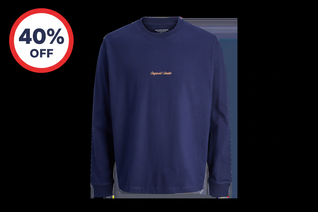 Long Sleeve T-Shirt Crew Neck with 40% OFF - Blue