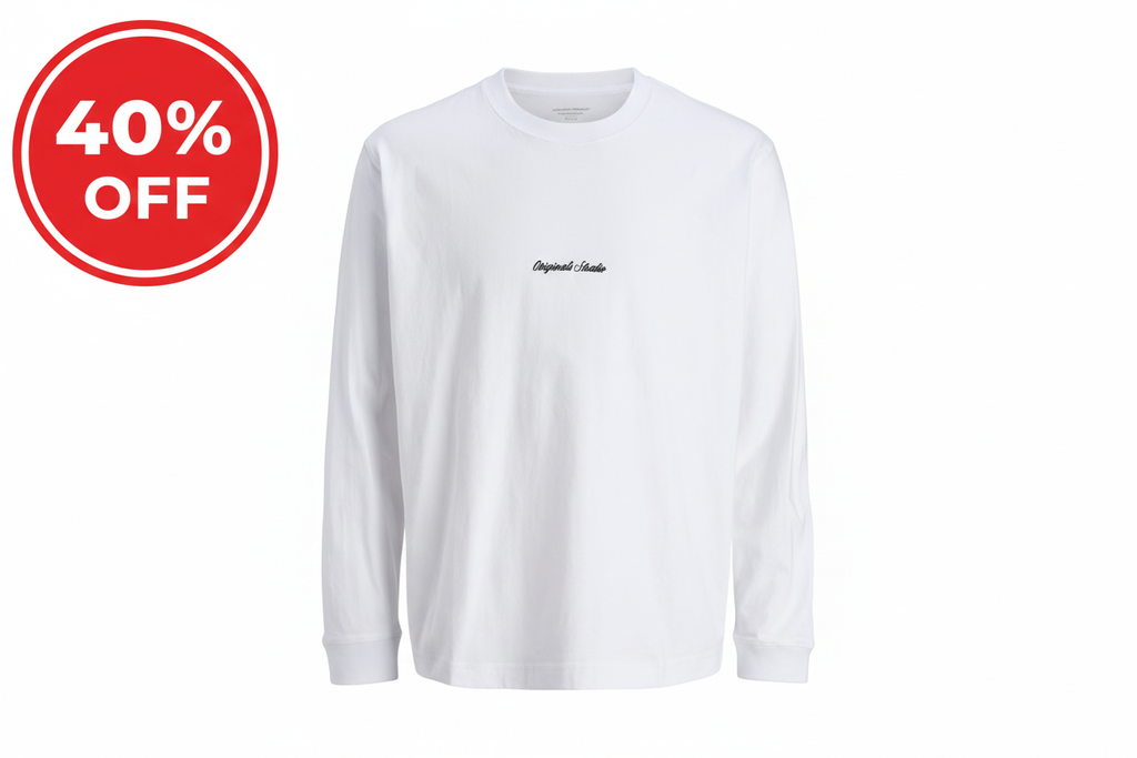 Long Sleeve T-Shirt Crew Neck with 40% OFF - White