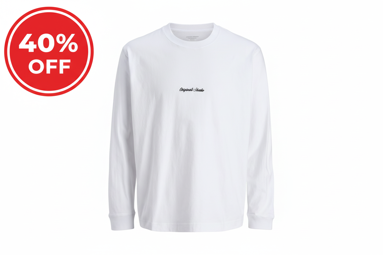 Long Sleeve T-Shirt Crew Neck with 40% OFF - White