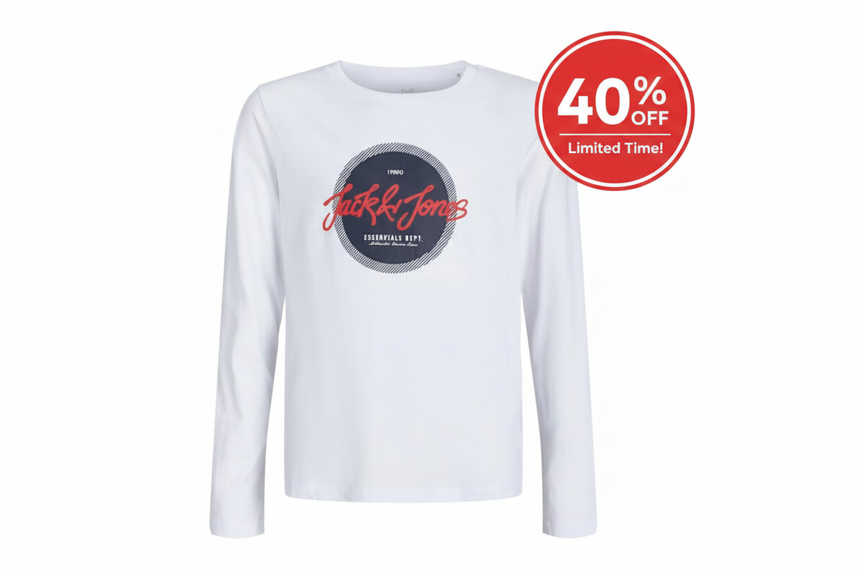 Long Sleeve T-Shirt Crew Neck with 40% OFF - White