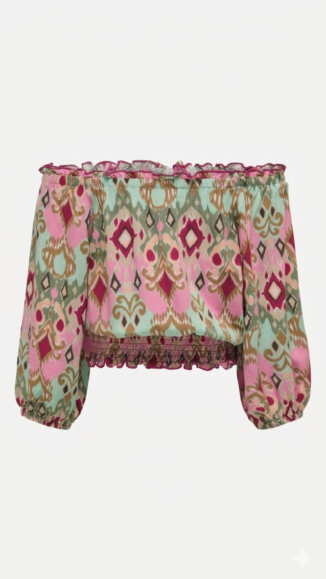 Kids Only Girls' Ikat Print Off Shoulder Crop Top – Puff Sleeve Smocked Waist Boho Top