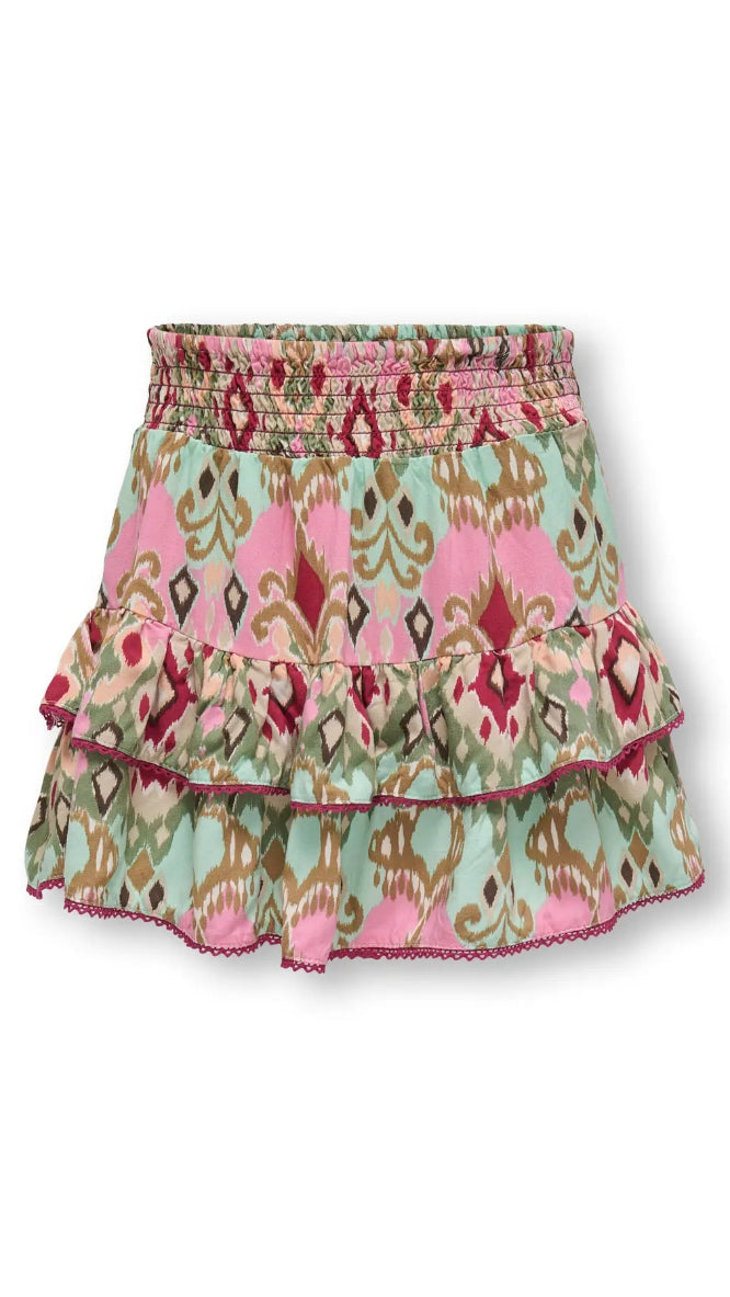 Kids Only Girls' Ikat Print Tiered Mini Skirt – Smocked Waist Crochet Trim Boho Skirt