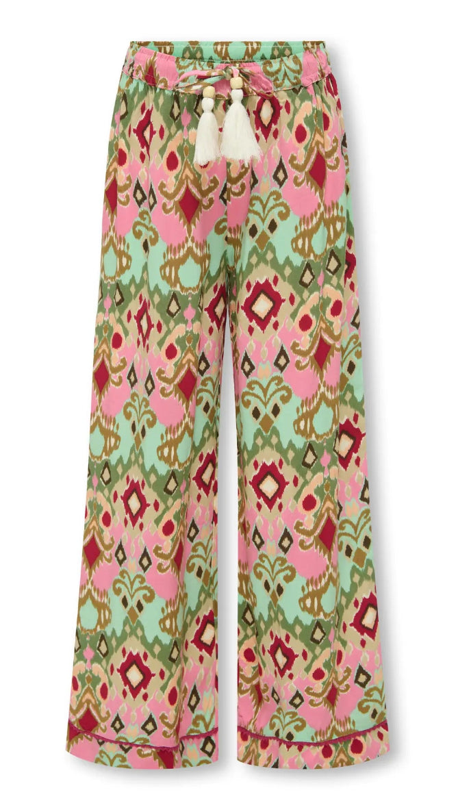 Kids Only Girls' Ikat Print Wide Leg Trousers – Tassel Drawstring Elasticated Waist Boho Pants