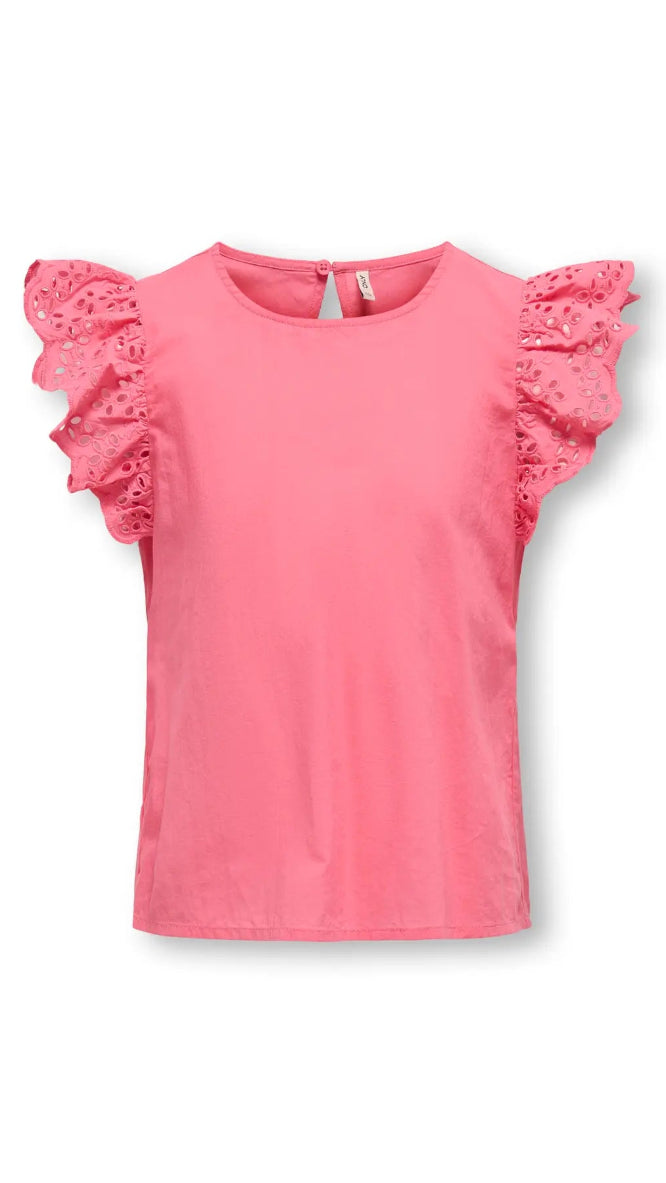Kids Only Girls' Broderie Anglaise Frill Sleeve Top – Round Neck Sleeveless Summer Top