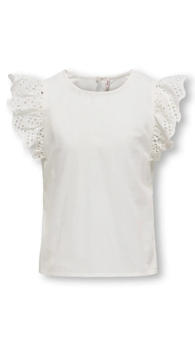 Kids Only Girls' Broderie Anglaise Frill Sleeve Top – Round Neck Sleeveless Summer Top