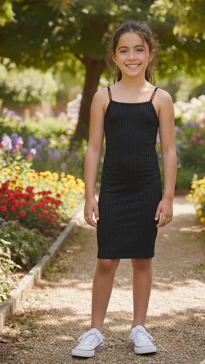Kids Only Girls' Ribbed Bodycon Midi Dress – Wooden Bead Strap Sleeveless Summer Dress